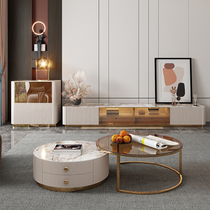 Light extravagant round tea table TV cabinet Composition modern minimalist small family type living room glass door bright light rock plate TV cabinet