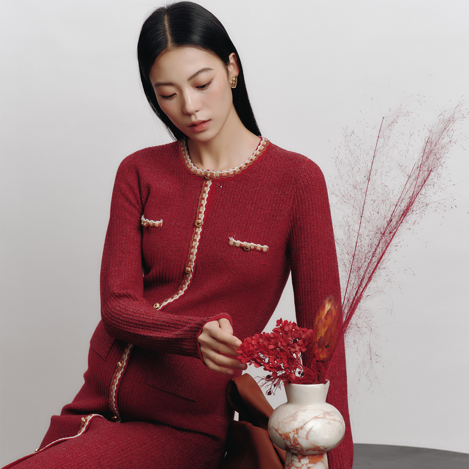 SELLYNEAR孕妇连衣裙时尚法式高级感穿搭正红色千金风小香针织裙,淘宝优惠券,粉丝福利购,淘宝优惠卷