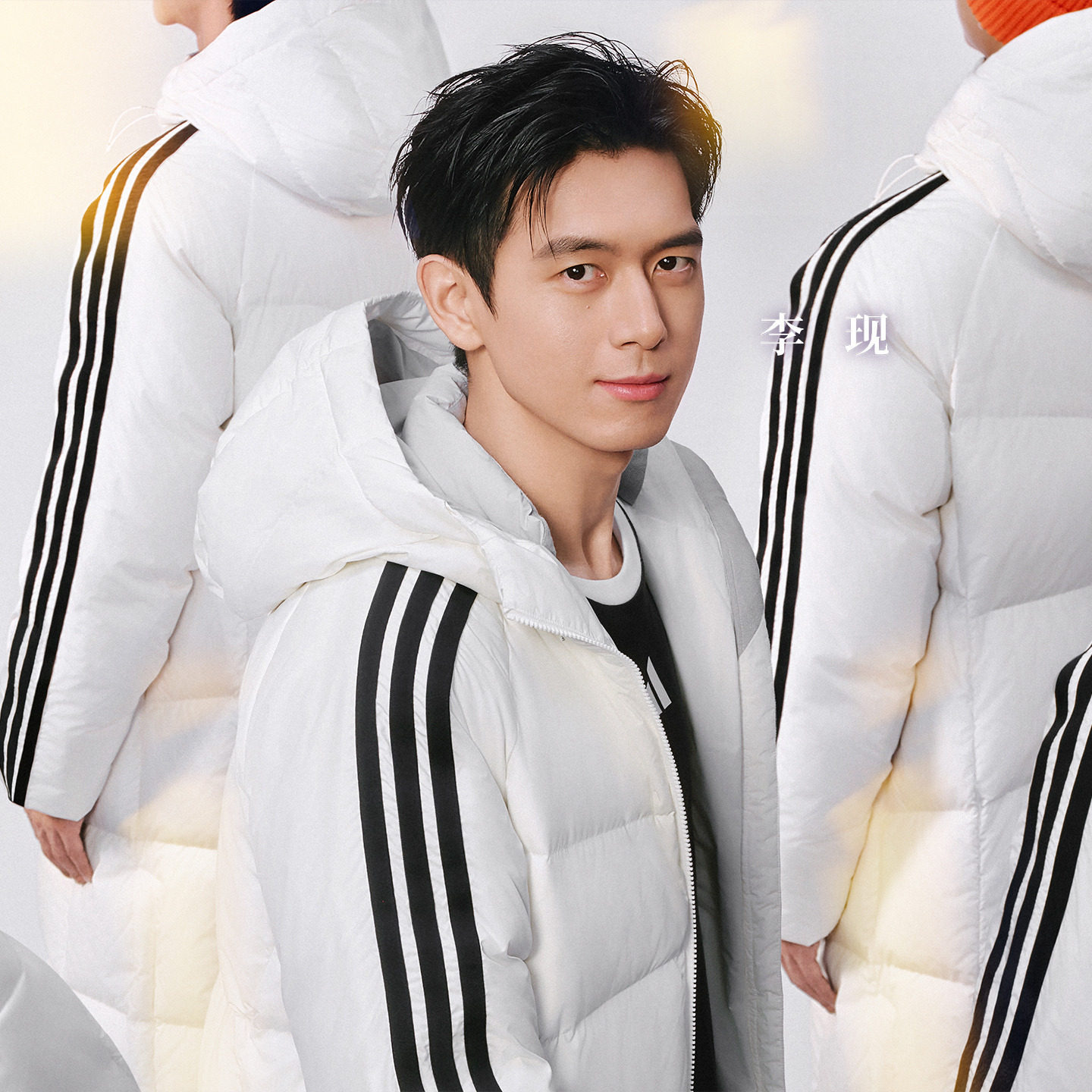 李现同款 三条纹羽绒服 防风保暖鸭绒长款连帽男装adidas阿迪达斯