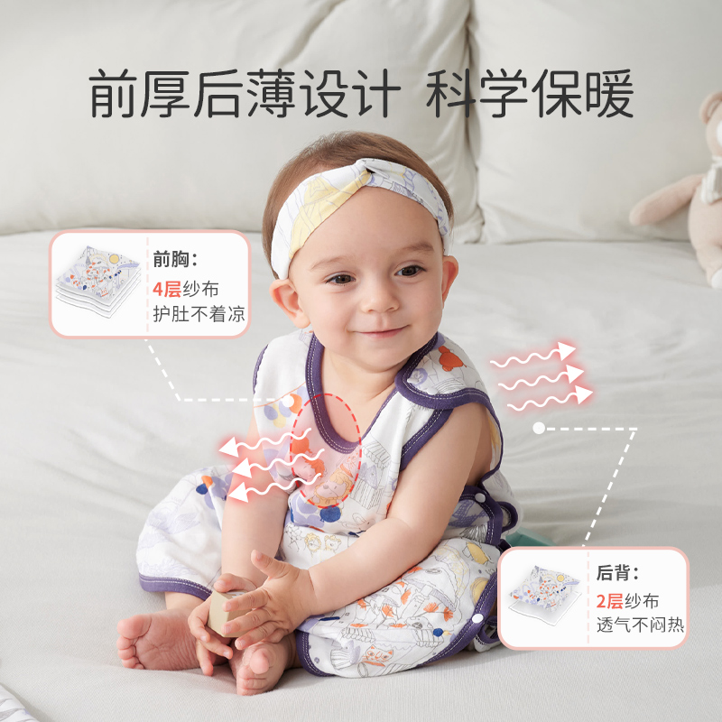 欧孕婴儿背心睡袋春夏薄款无袖竹棉纱布新生儿宝宝睡衣儿童防踢被