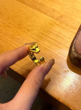 复古意大利金色拉丝豹子头戒指女