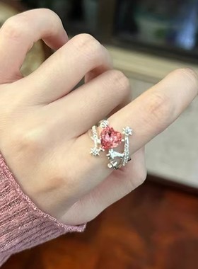 爱心绽放烟火开口戒指女心形红宝