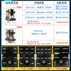 德力西小型中间继电器220/380V交流24V电磁开关CDZ9 14/8脚底座