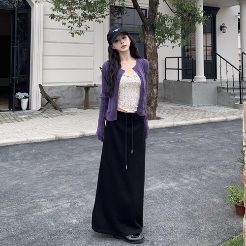 3MER哦哦三妹韩系灰色直筒针织半身裙女春夏新款休闲开叉包臀长裙 - 图2