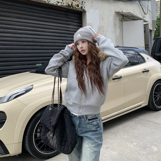 3MER detachable fur collar hooded cardigan sweatshirt jacket