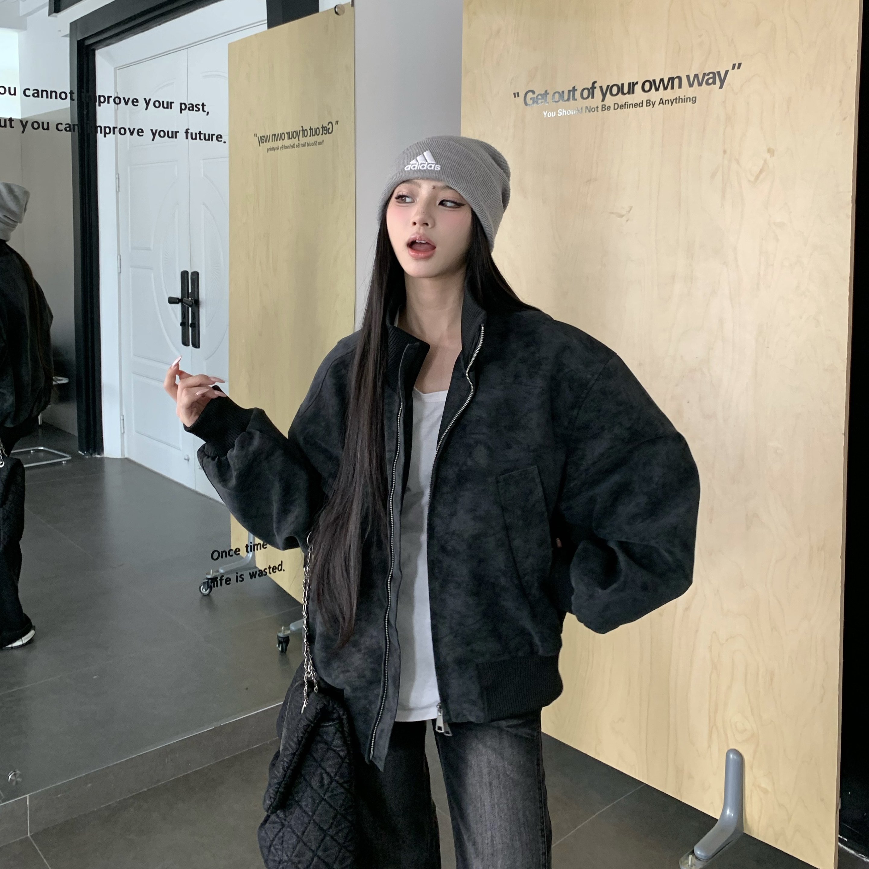 3MER哦哦三妹美式复古皮衣棒球服外套女秋冬新款宽松休闲立领夹克,淘宝优惠券,粉丝福利购,淘宝优惠卷