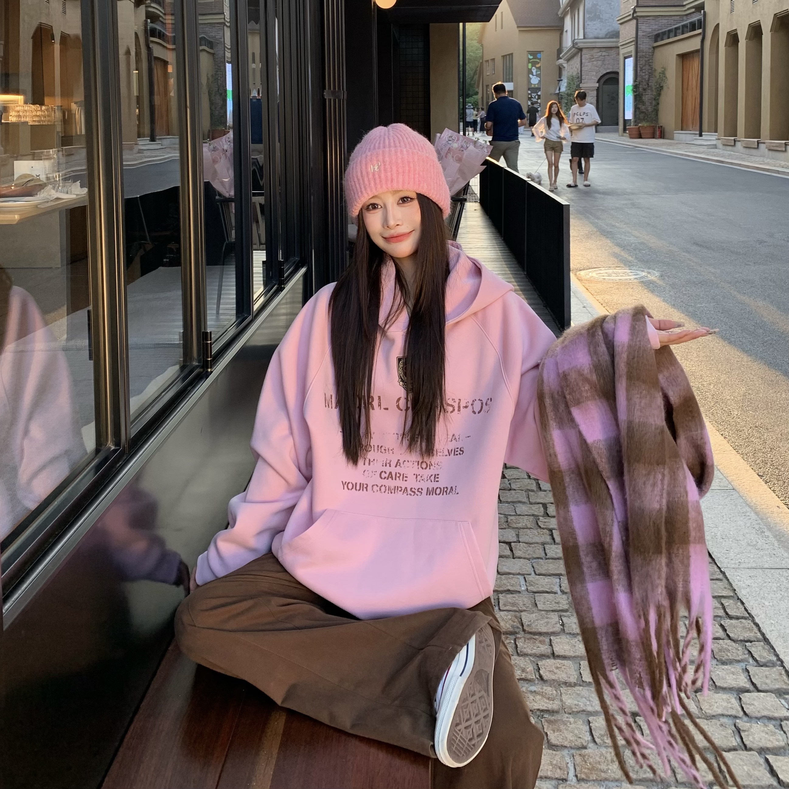 3MER哦哦三妹重磅粉色连帽卫衣女秋冬新款韩系复古宽松慵懒风外套 - 图1
