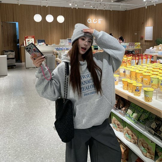 3MER哦哦三妹美式复古字母连帽加绒卫衣女秋冬新款慵懒风宽松上衣