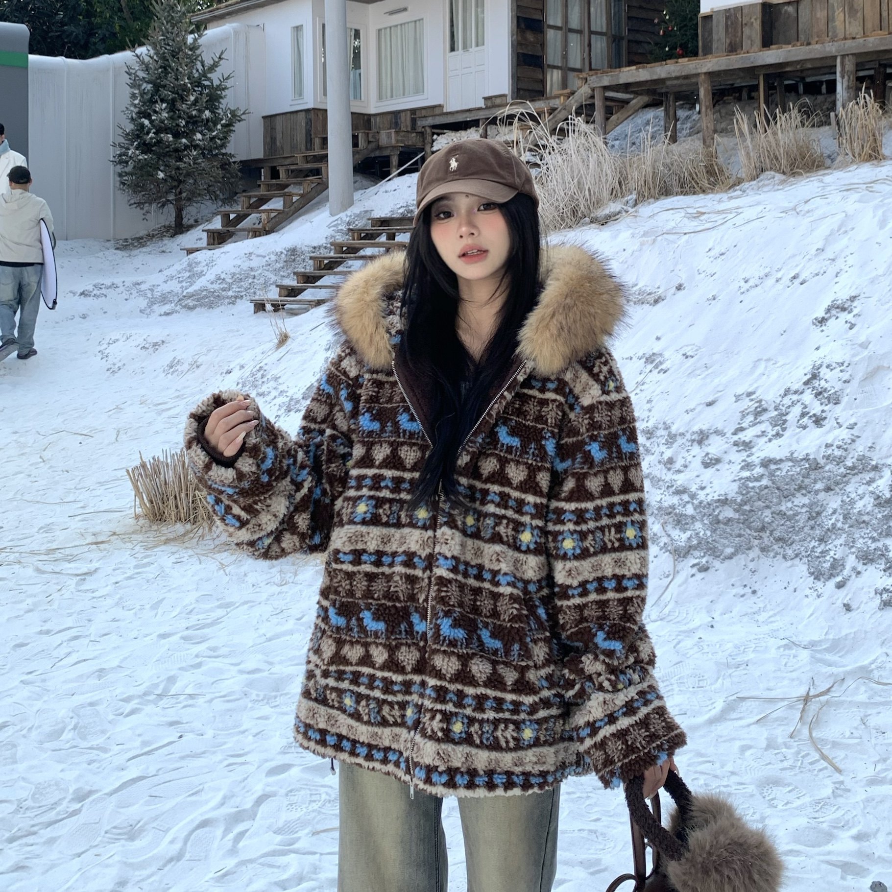 3MER哦哦三妹 费尔岛羊羔毛毛领连帽外套女冬季复古保暖加厚上衣,淘宝优惠券,粉丝福利购,淘宝优惠卷