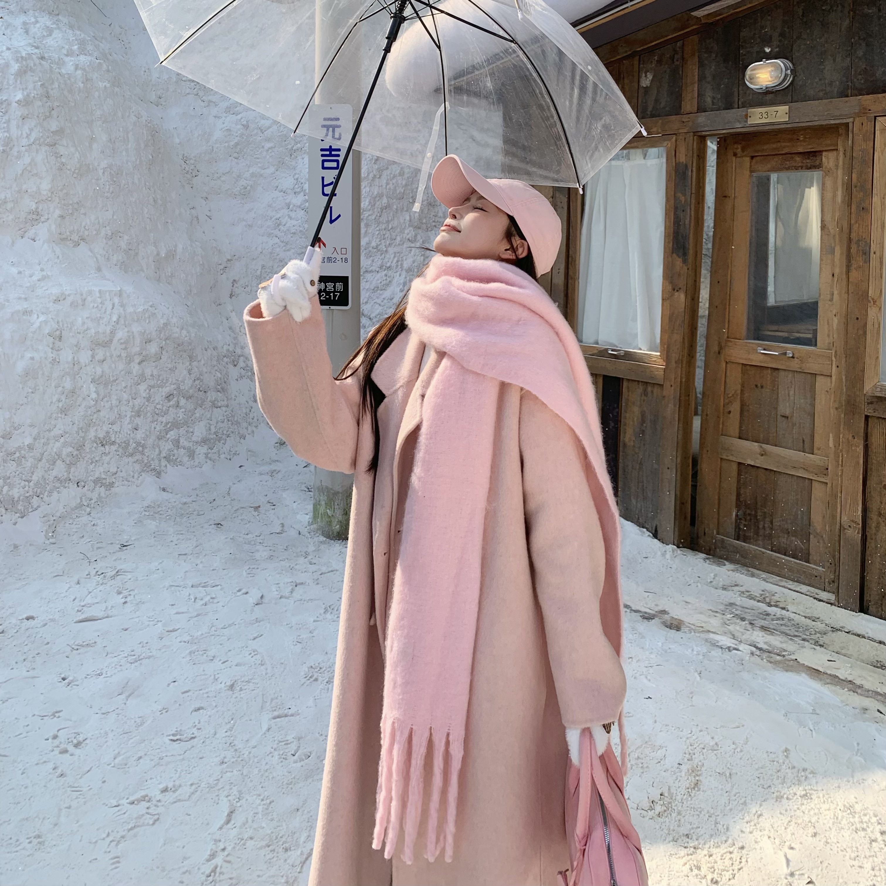 3MER哦哦三妹温柔风粉色羊毛双面呢大衣女秋冬季韩系气质毛呢外套 - 图1