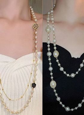 轻奢镂空玫瑰珍珠项链长款高级四季毛衣链时尚设计潮香风气质配饰