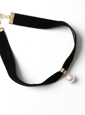 黑色丝绒百搭锁骨链项圈女颈带日韩短款珍珠脖子饰品choker少女
