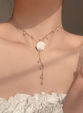 法式玫瑰花珍珠流苏项链女超仙复古choker颈链轻奢小众温柔锁骨链