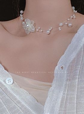 珍珠花朵锁骨链满天星多层鱼线少女清新温柔气质choker新款