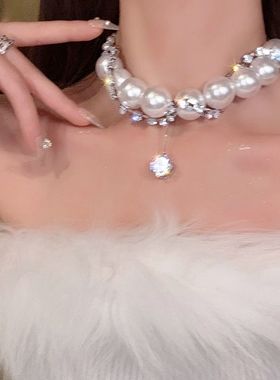 大珍珠项链女小众轻奢满钻夸张多戴法气质锁骨链轻奢高级感颈链