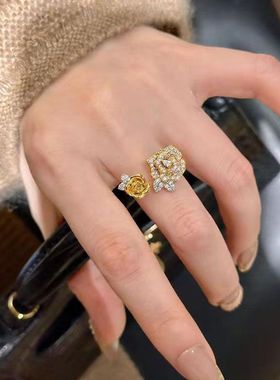 中式微镶锆石玫瑰花开口戒指女款高级感重工轻奢宫廷风食指戒指环