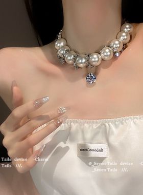 时髦欧美珍珠项链夸张大小珍珠缠绕锆石设计多戴法项链高级锁骨链