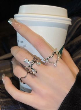 镶钻锆石戒指女学生ins风潮酷小众设计感轻奢个性高级感套装指环