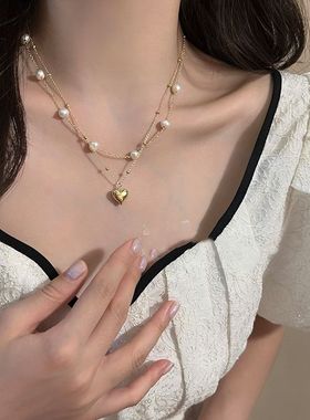 双层爱心珍珠项链2024年新款女春夏气质百搭锁骨链轻奢高级感配饰