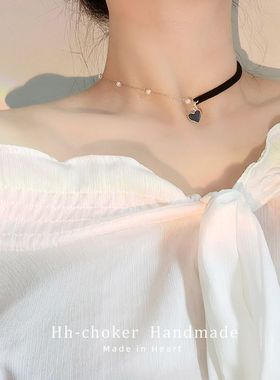 choker高级设计感锁骨链女红色珍珠颈链项圈脖子配饰项链拼接设计