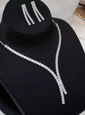 项链超闪y型潮流水钻脖链耳钉新娘结婚饰品气质满钻简约百搭套装