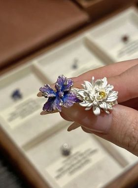 渐变鸢尾花白色昙花戒指女轻奢小众高级感精致气质百搭食指戒指环