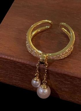 精致珍珠链条镶钻开口戒指女轻奢小众设计简约时尚百搭食指戒指环