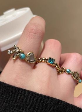 爱心皇冠鸢尾花戒指女款ins小众设计高级感复古做旧百搭食指戒指