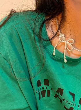 网红仙气编织蝴蝶结珍珠项链女夏轻奢小众设计感锁骨链2021年新款