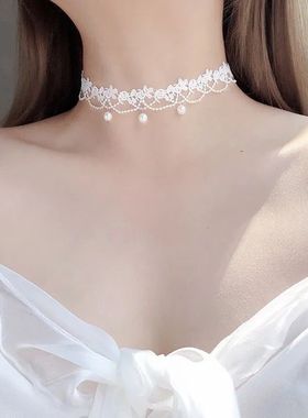 轻奢蕾丝珍珠choker颈带奢华气质颈链韩国潮款超仙项圈项链锁骨链