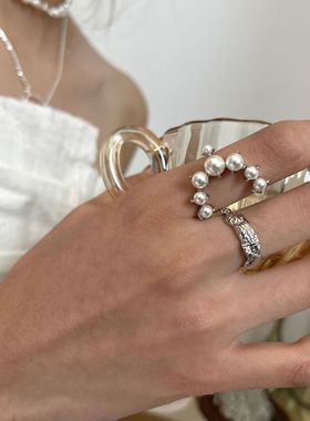 轻奢气质珍珠戒指ins小众设计高级拼接锡箔食指戒闺蜜高颜值指环