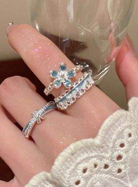 指畔生花~蓝色滴釉蕾丝花边戒指女轻奢小众高级感叠戴食指戒指环