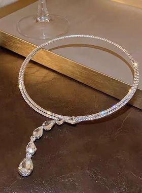 超闪新娘礼服项链耳环套装2024新款锁骨链女高级感颈链