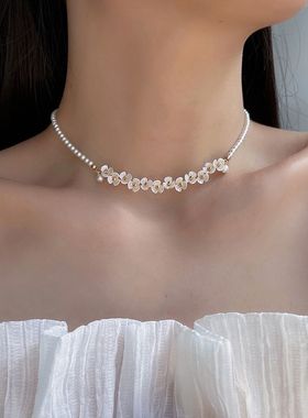 花仙子珍珠花朵颈链锁骨链2023新款超仙复古风小众设计高级感项链