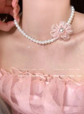 温柔花朵珍珠颈链choker复古轻奢小众高级锁骨链气质甜美项链女