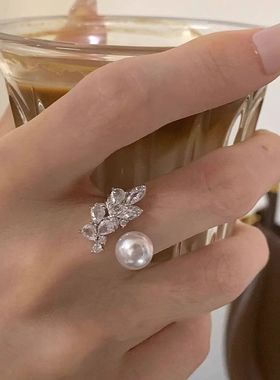 925银闪钻树叶珍珠戒指女小众设计轻奢高级食指戒时尚冷淡风指环