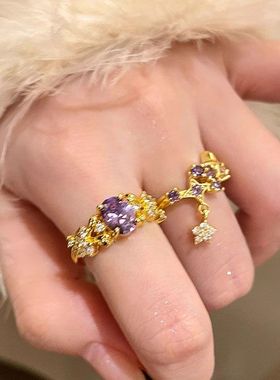 宫廷风麦穗珍珠紫色戒指女款精致复古轻奢食指戒小众独特中古指环