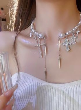 珍珠镂空蝴蝶锆石流苏叠戴项链女choker小众高级感气质轻奢锁骨链