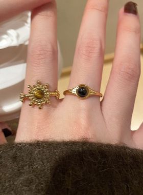 雅丹风太阳花虎眼石戒指女款轻奢ins小众设计高级复古食指戒指环