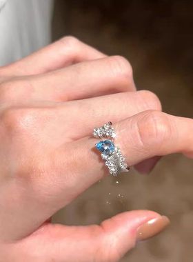 琉璃蓝水滴开口戒指女款ins小众设计高级感中古气质百搭食指戒指