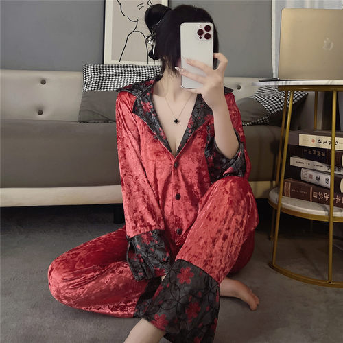 维多利亚金丝绒复古拼色印花睡衣女秋冬长袖长裤可外穿家居服套装 - 图0