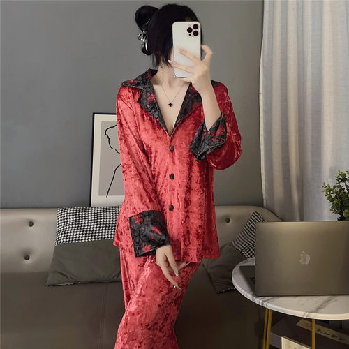 维多利亚金丝绒复古拼色印花睡衣女秋冬长袖长裤可外穿家居服套装 - 图1