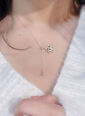 微镶钻黑色山茶花抽拉项链小众设计感时尚ins爆款精致仙女颈链女