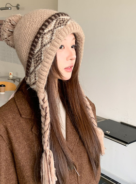 费尔岛提花护耳针织帽女冬季