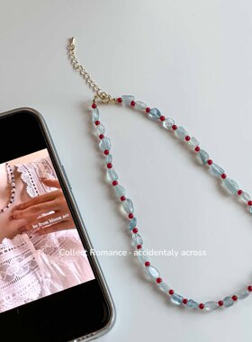 复古新款海蓝宝配红玛瑙圆珠项链手链套装 春夏天然石高级感饰品