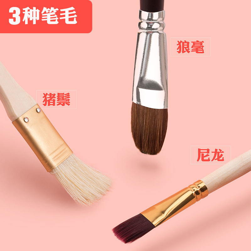 水粉油画丙烯笔初学者美术专用尼龙羊毛狼毫扇形勾线排颜料彩单支笔儿童颜料色彩插画画笔彩绘平头刷套装画笔