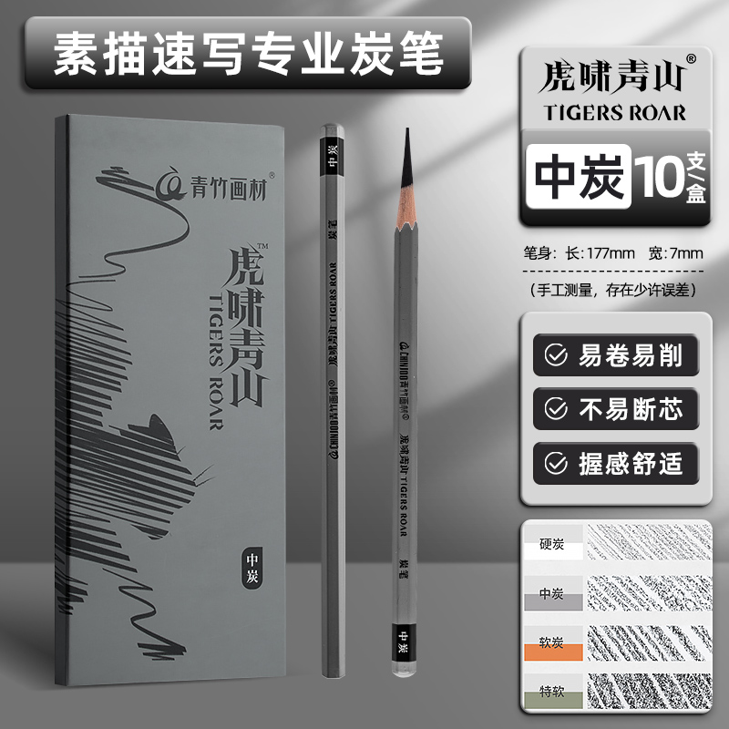 青竹虎啸青山炭笔美术生专用素描速写专用特软炭笔青竹画材黑炭笔流光白炭笔铅笔集训艺考联考写生工具全套 - 图0