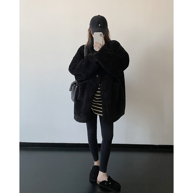 Stylish stand collar loose warm fur one-piece jacket