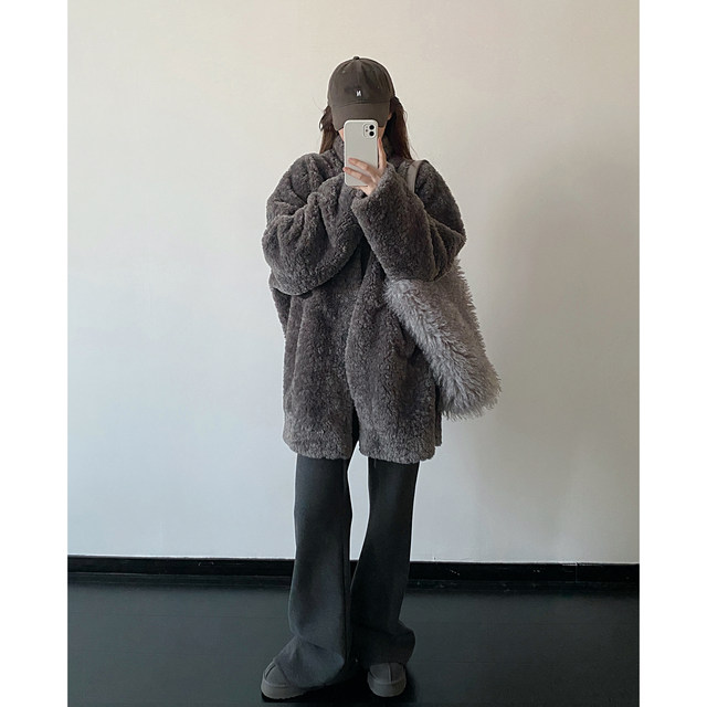 Stylish stand collar loose warm fur one-piece jacket