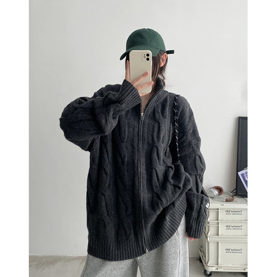 【清仓价】蓝色独特麻花拉链开衫毛衣女外穿休闲慵懒风针织外套